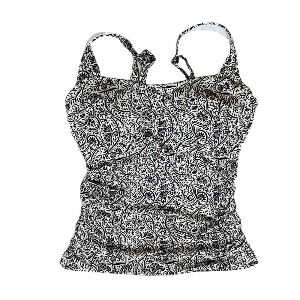 Athleta Tan Paisley Print Ruched Tankini Adjustable/Straps Swimwear Top 36D/DD